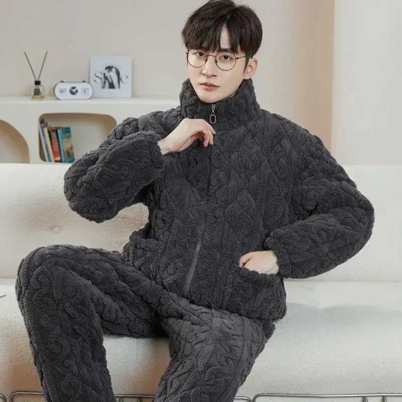 Mens casual wear three-layer cotton winter home wear mens pajamas coral velvet pajamas set thick plush flannel home wear W241221