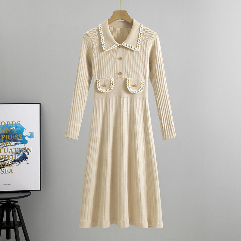Spring Autumn Knitted High Waist Dresses For Women Slim Midi Women's Vintage Woman Retro Elegant Dress