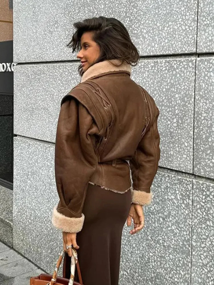 TRAF Womens Fur One Warm Suede Jacket Autumn and Winter High Street Vintage Long Sleeve Belted n Womenswear 241216