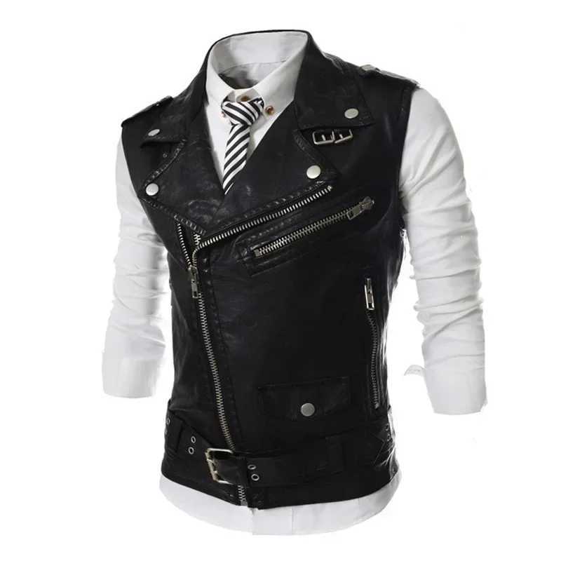 Mens Leather Waistcoat Korean Slim Fit Zipper Lapel Short Leather Waistcoat Vest Coat Solid ColorXJ241221