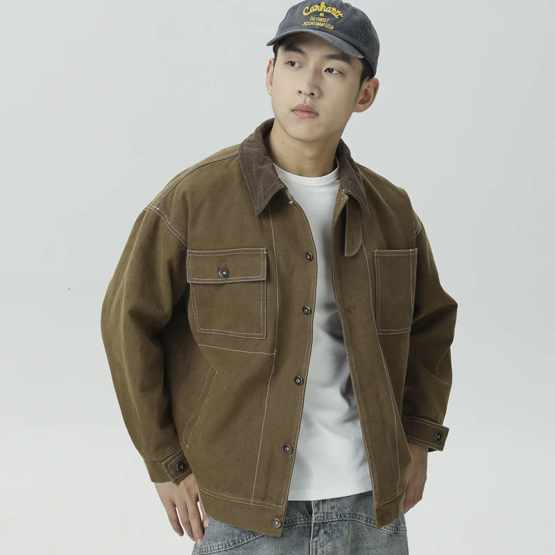 Autumn Bright Line Work Jacket Men Japanese Streetwear Amikaji Fashion Loose Casual Vintage Motorcycle Cargo Jacket Coat 241217