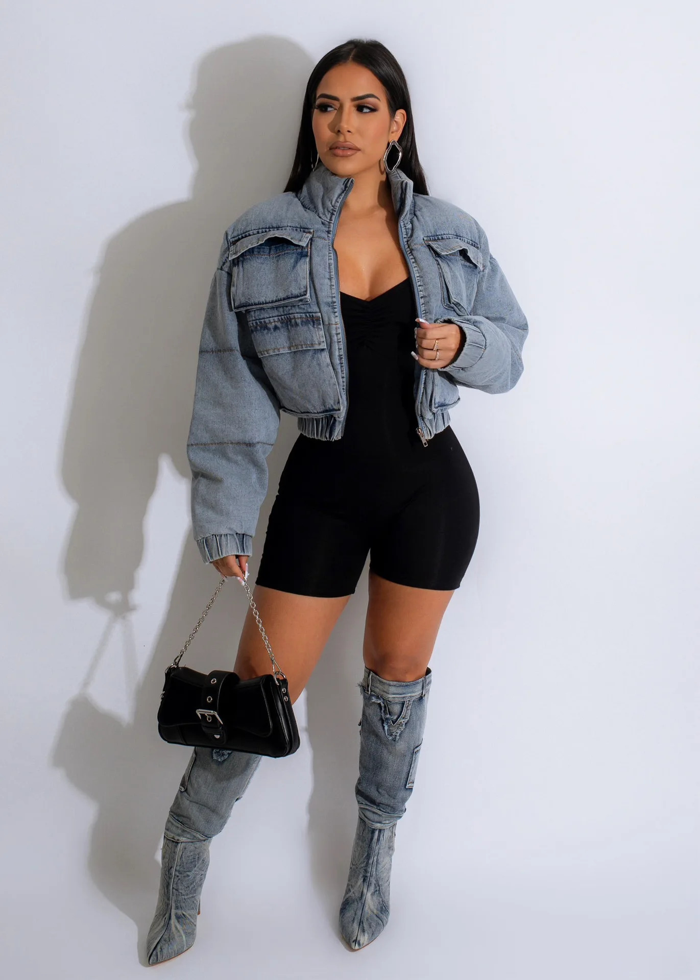 Women Jacket Winter Fashion Multi-Pocket Long Sleeve Puffer Denim Jackets Autumn Casual Thicken Crop Bubble Jeans Jacket Coat 241216