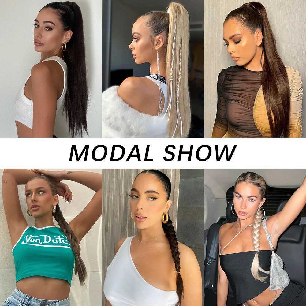 Synthetic Long Straight Ponytail With Elastic Band Wrap Around Straight Ponytail Extension Heat Resistant Pony Tail For WomenXJ241221