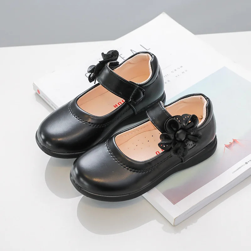 Girls Black Leather Shoes for School Party Flowers Floral Flats for Medium Big Kids Childrens Princess Sweet Mary Janes Fashion 241220