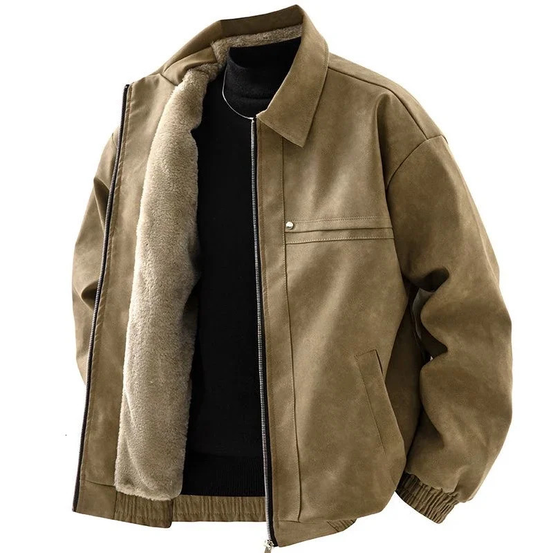 Vintage Plus Velvet PU Leather Jacket Men Casual Blazer Mens Slim Fleece Leather Jacket Streetwear Man Outerwear Leather Jackets 241216