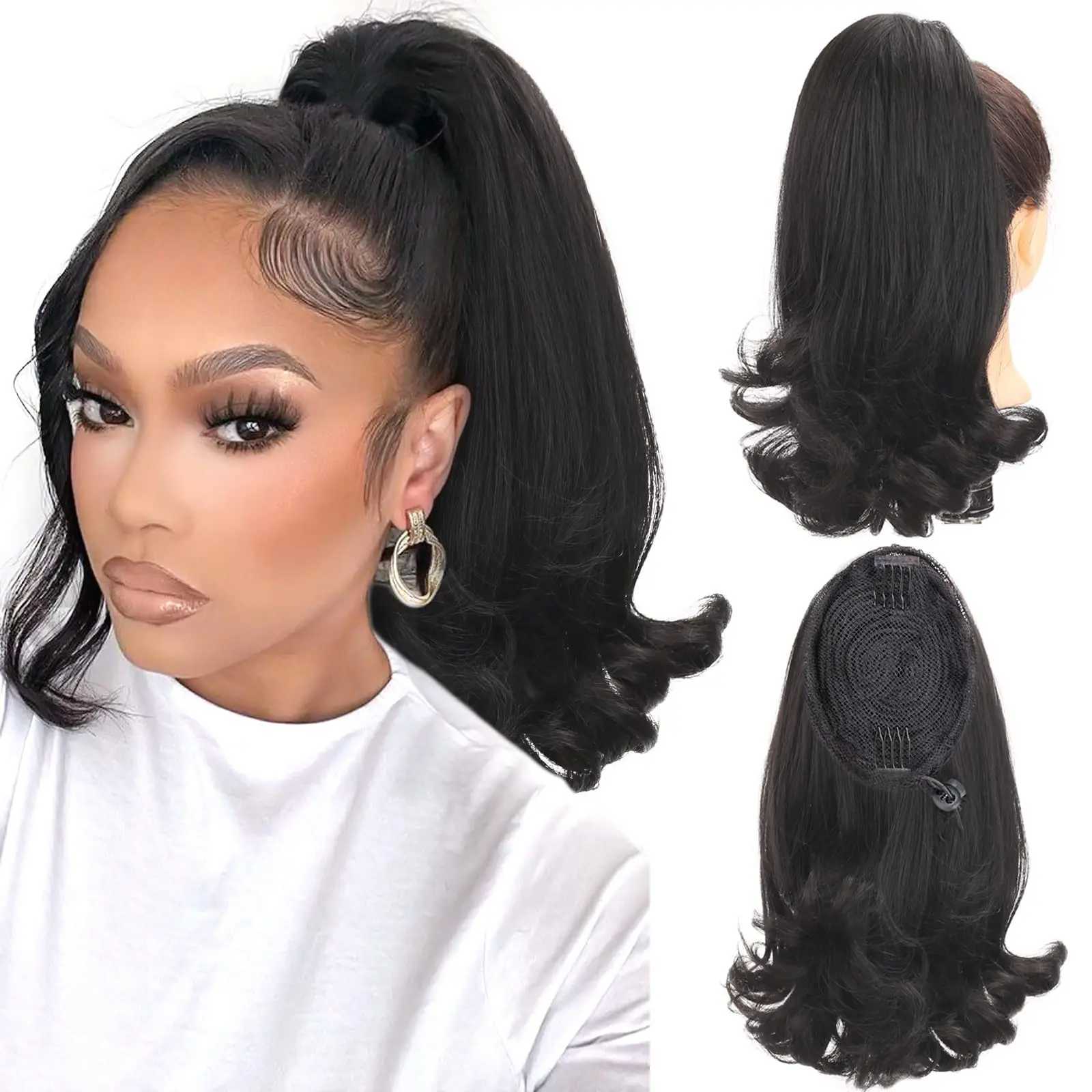 Synthetic 18 Tail Warping Curly Wave Drawstring Ponytail Hair Extension With 2 Plastic Comb Black Brown HairXJ241221