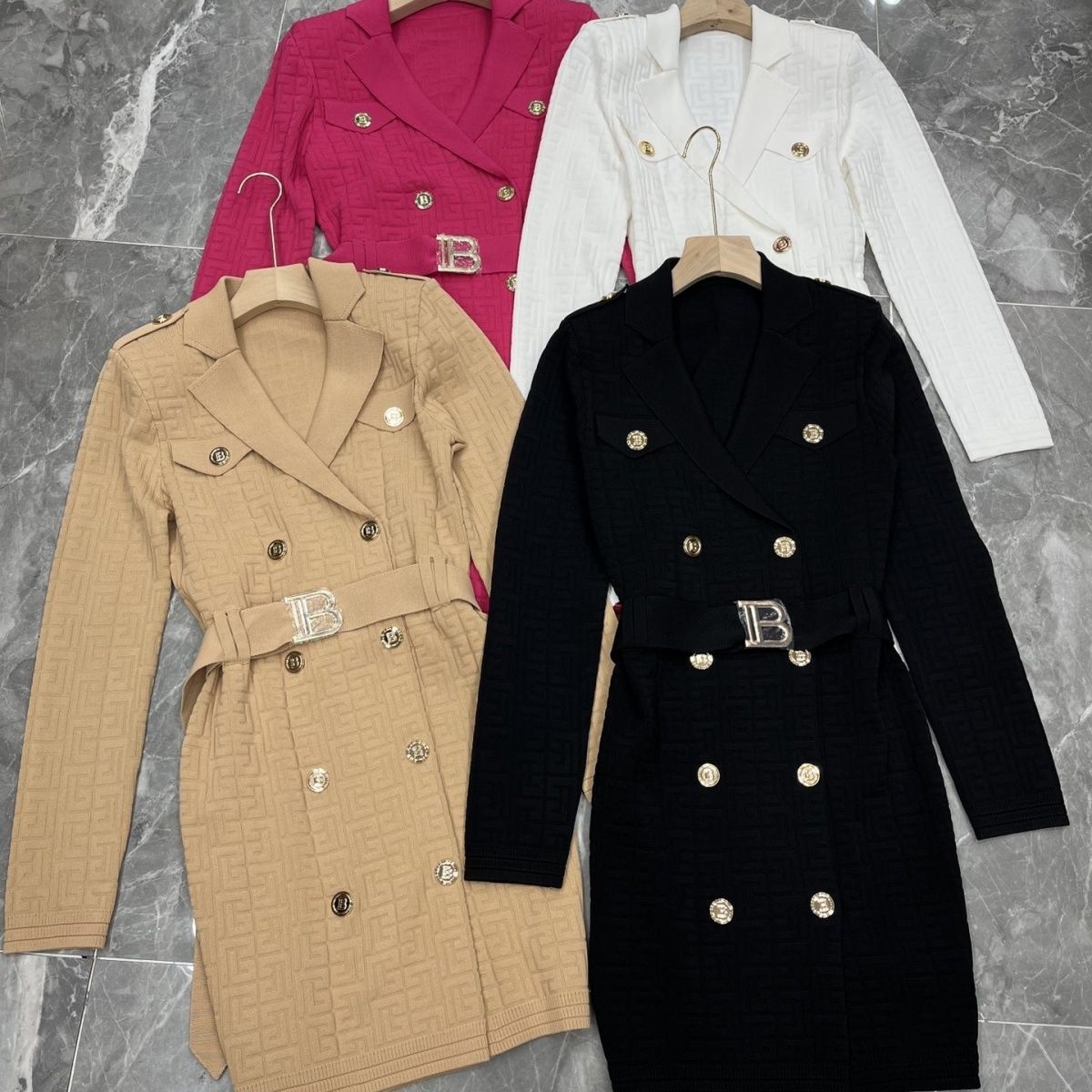 Women turn down collar long sleeve double breasted sashes with belt bodycon tunic designer knitted pencil dress SML