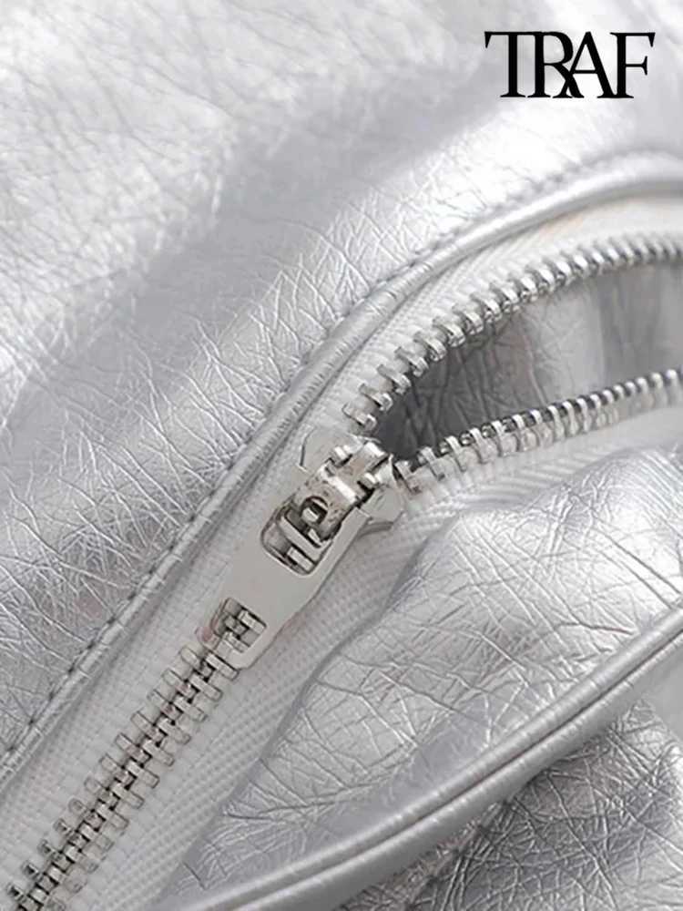 TR Women Fashion Front Pockets Faux Leather Silver Mini Skirt Vintage High Waist Zipper Fly Fe Skirts jerXJ241221