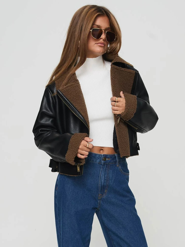 ZBZA Women PU Leather Locomotive Jacket Thicken Long Sleeves Lapel Oblique Zip Pocket Warm Outerwear Winter Female Fashion Coat 241216