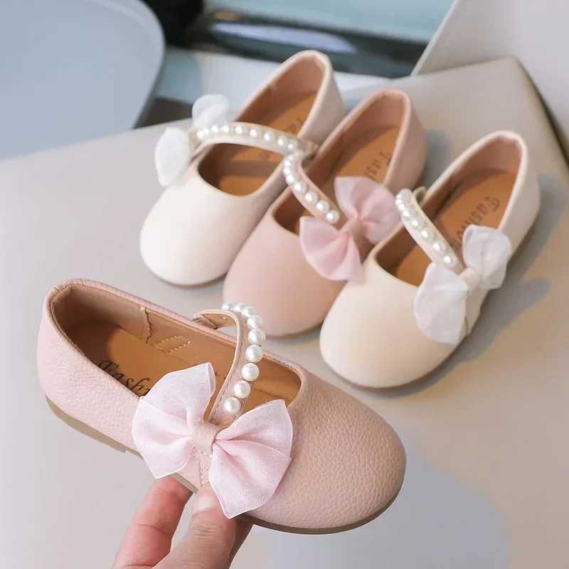 Sneakers Kids Mary Janes Shoes for Party Wedding Children Elegant Princess Shoes with Bow-knot Girls Pearls Flats Leather Shoes Round-toe H241221