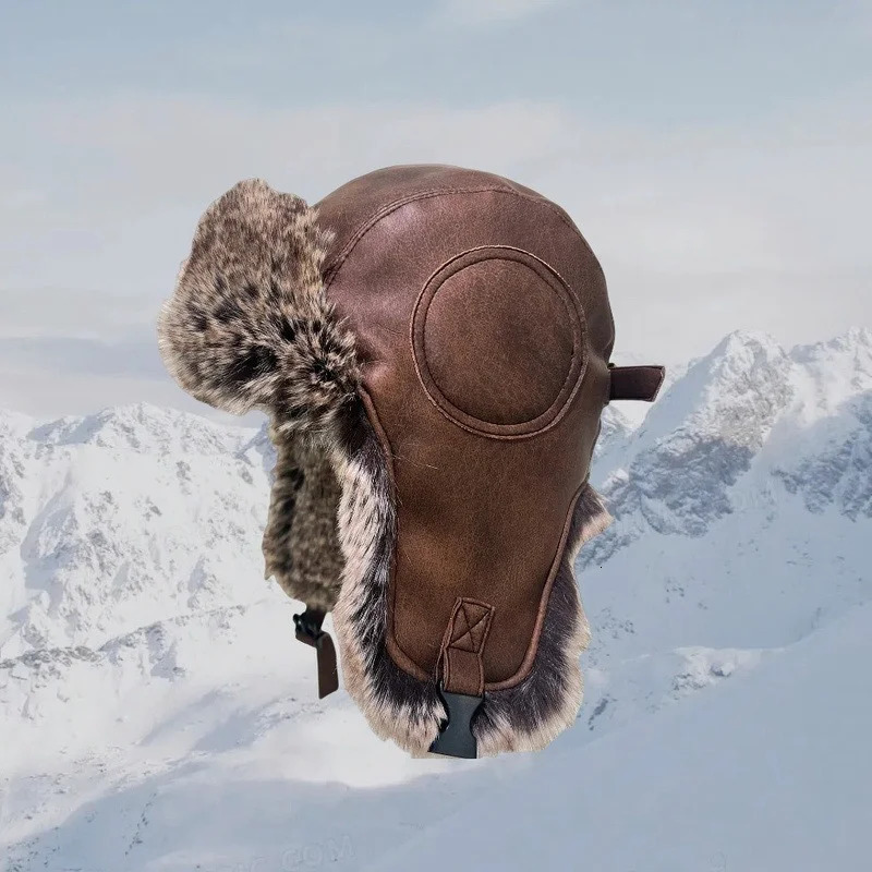 Brown artificial leather winter fur pilots hat torpedo wind hat bomber artificial fur flip cover cavalry trap refrigerated snow hat 241220