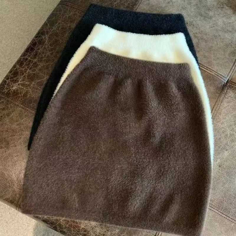 Elastic Waist Slim Women Short Skirt Sexy Ele All-Match Basic Mini Skirt Winter Sweet Casual Knit Imitation Mink Fur SkirtXJ241221