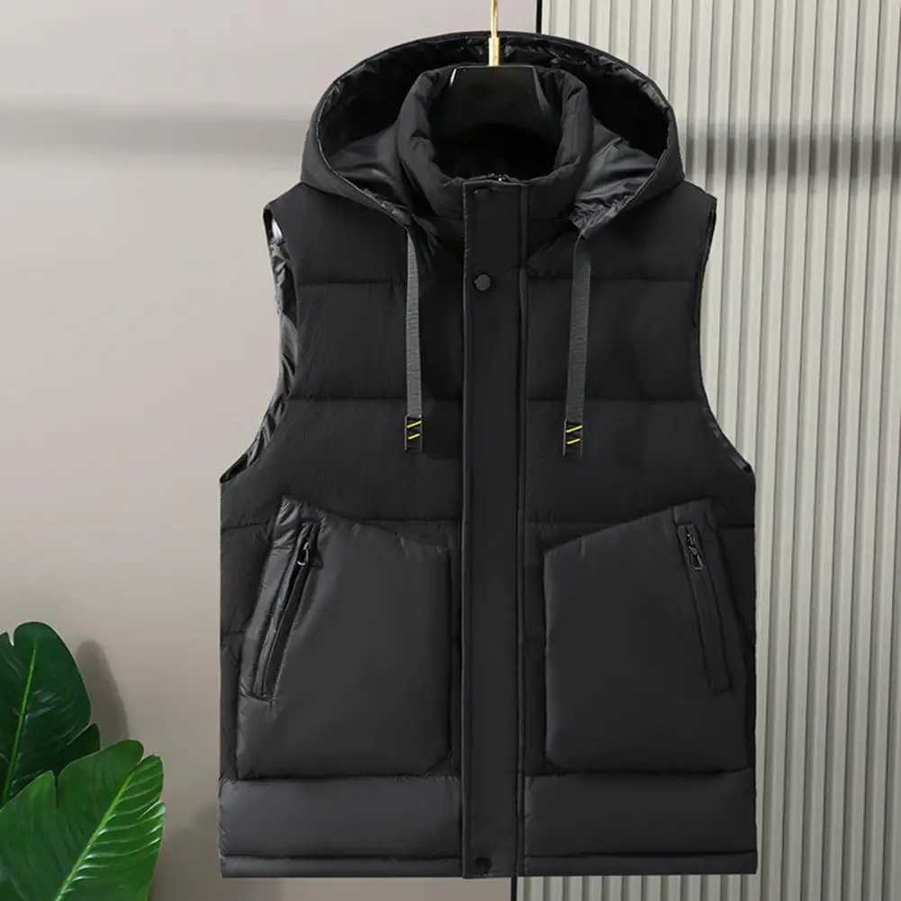 Autumn Winter Men Waistcoat Thick Padded Hooded Solid Color Sleeveless Cardigan Vest Windproof Pockets Drawstring Men Vest CoatXJ241221