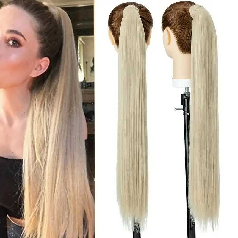 Snoilite Synthetic Long Straight Ponytail Extensions 28 Inch Wrap Around Light Golden Brown Ponytails Hair Piece Pony Tail HairXJ241221