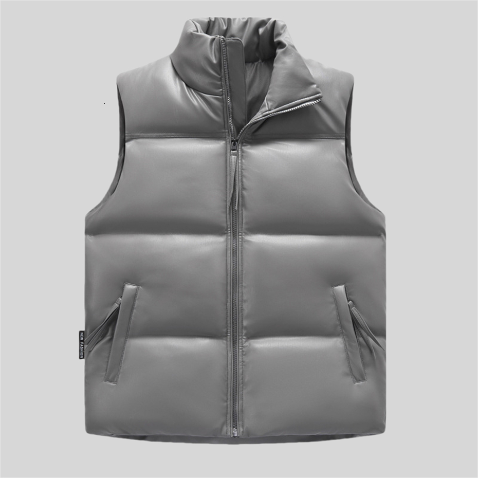 Windproof PU Leather Vest Winter Sleeveless Jacket Padded Coat Men Zipper Warm Thicken Waistcoat Thick Gilet Black Jackets