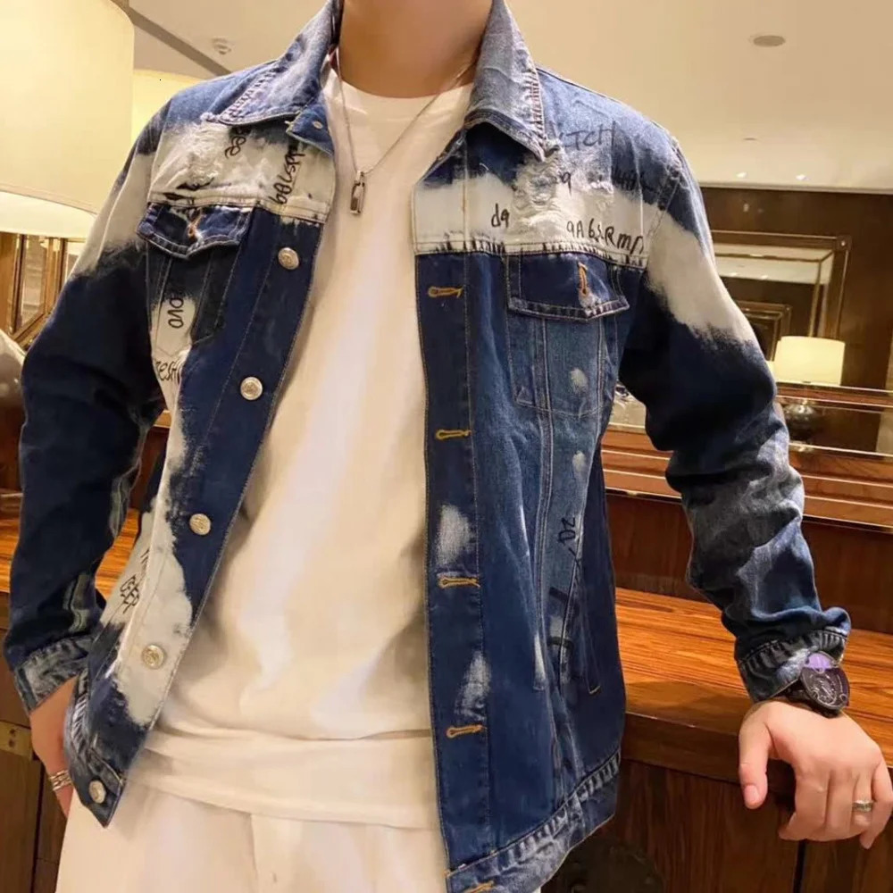 Hole Letter Label Printing Fashion Mens Denim Slim Fit Bomber Jacket Mens Autumn Casual Hip Hop Denim Jacket Veste En Jean 241217