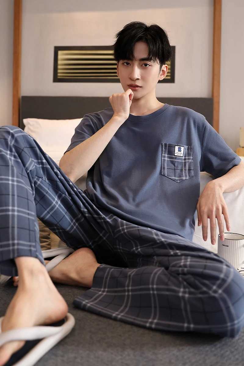 SUKAE Elegant Mens Sleepwear Summer Knitted Cotton Casual Sleepwear Mens O-neck Short sleeved Pants Sleepwear Set W241221