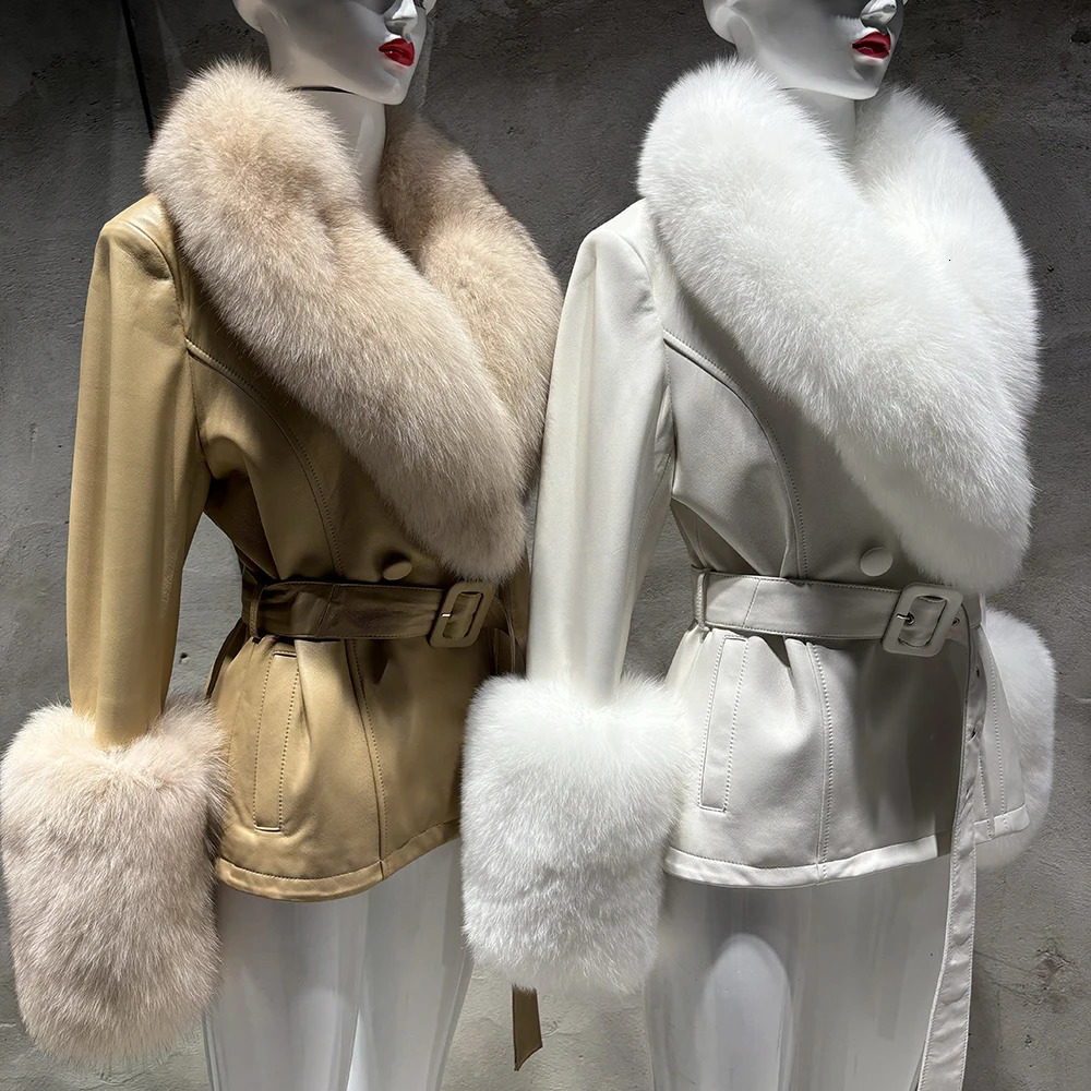 YOLOAgain Womens Real Fox Fur Collar Sheepskin Leather Jacket Coat Autumn 241216