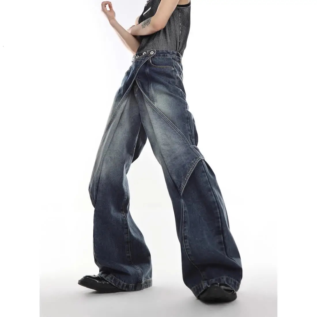 Hip Hop Goth Ripped Jeans for Men Retro Washed Baggy Patchwork Cut Flared Denim Pants Straight High Waist Streetwear 241218