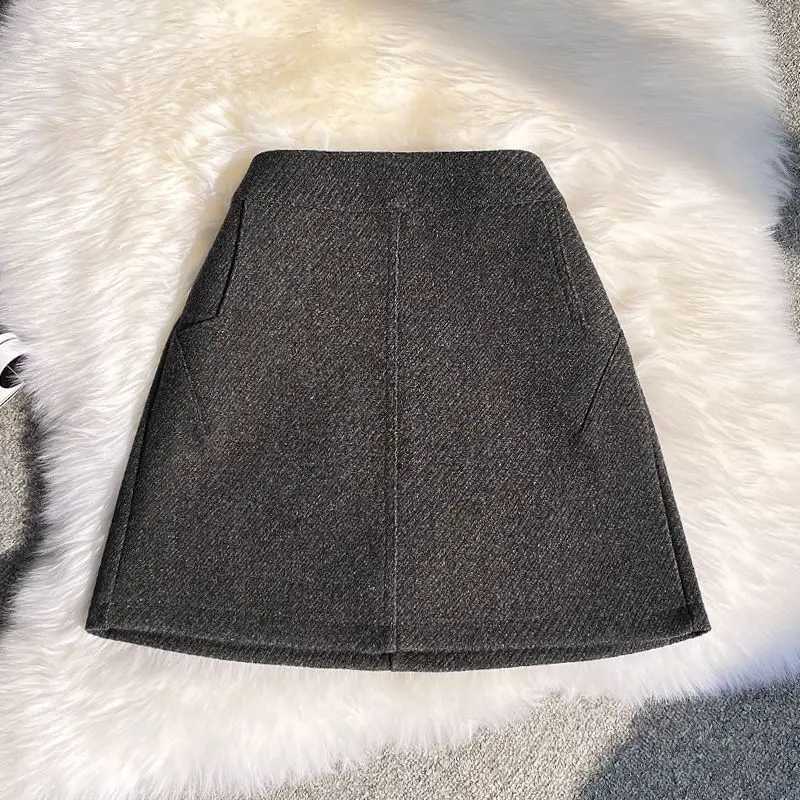 Simplicity Office Lady Autumn Winter Woolen Women Thicken Solid Zipper Pocket Vintage Fashion High Waist Short Slim A-line SkirtXJ241221