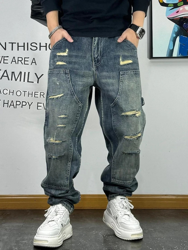 High Quality Ripped Patch Baggy Jeans Korean Fashion Loose MenS Clothing Streetwear Denim Cargo Men Pants Harajuku Trousers 241218
