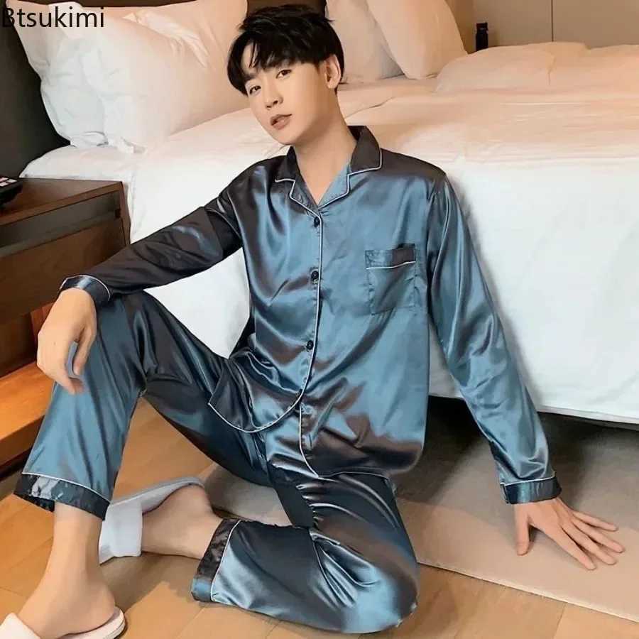 High quality mens casual pajamas set fashionable satin long sleeved lapel top and pants Homewaer set mens comfortable lounge pajamas W241221