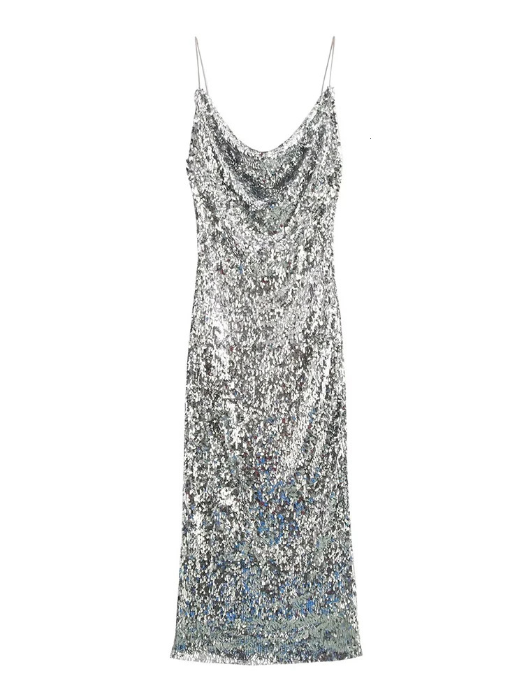 TRAF Womens Elegant Padded Sequin Dress Shine Sleeveless Long Dresses Evening Woman Clothing 241216