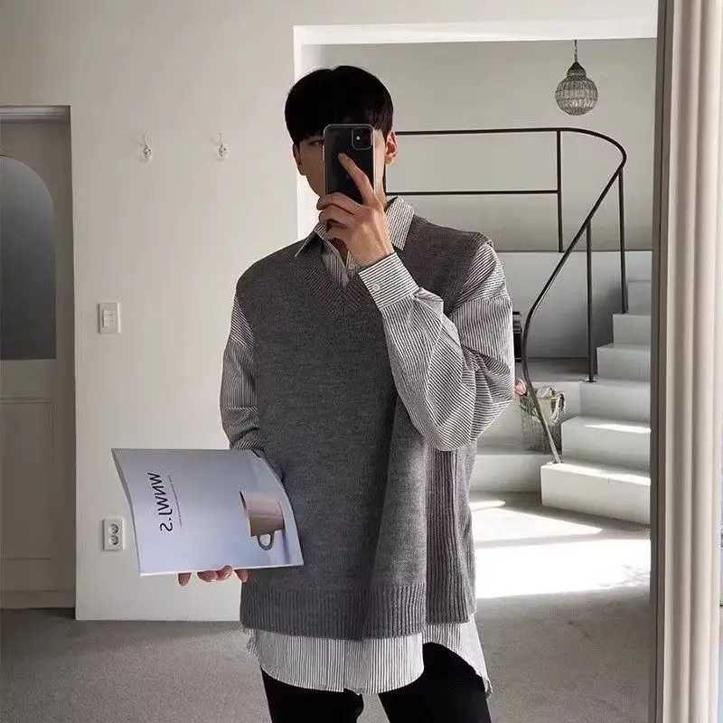 Man Clothes Waistcoat Vest Knitted Sweaters for Men Brown Business Smooth Sleeveless Cotton Knitwears Korean 2024 Autumn WinterXJ241221