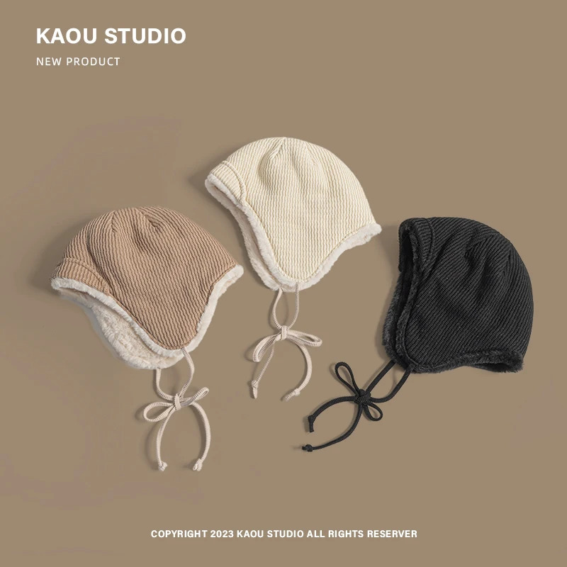 WInter solid color knitted Lei Feng hat mens and womens velvet skiing ear protection bicycle Russian hat bomber hat 241220