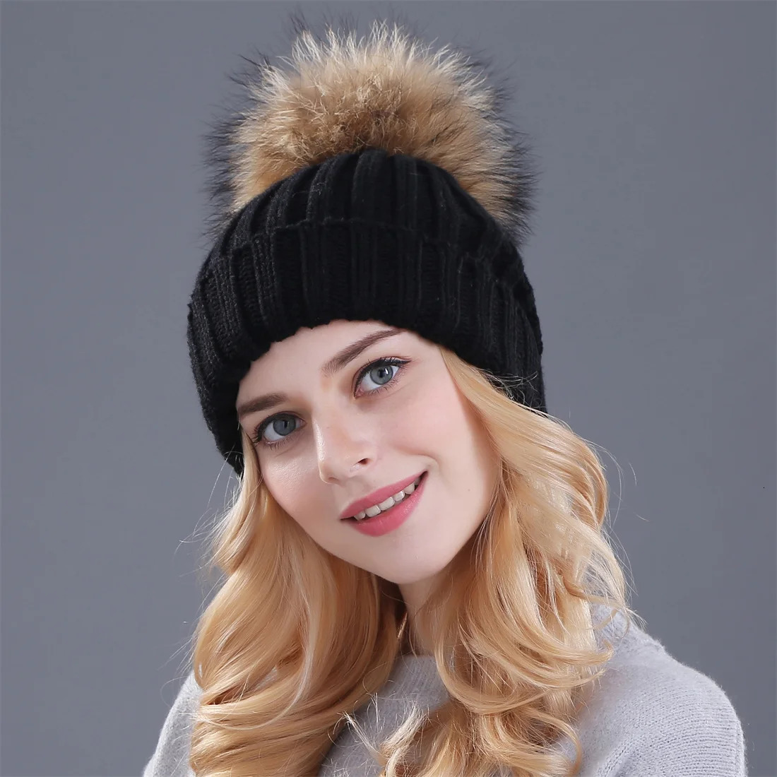 Xthree Real Fur Pom Poms Knitted Winter Hat for Women Hat Beanies Skullies Thick Female Cap Skullies Beanies 241214
