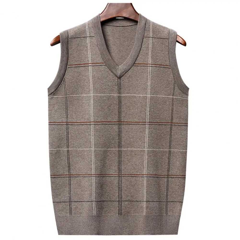 Men Fall Spring Sweater Vest Knitted Loose Pullover Vest Plaid Print Elastic Soft Warm Mid-aged Father Grandfather Sweater VestXJ241221