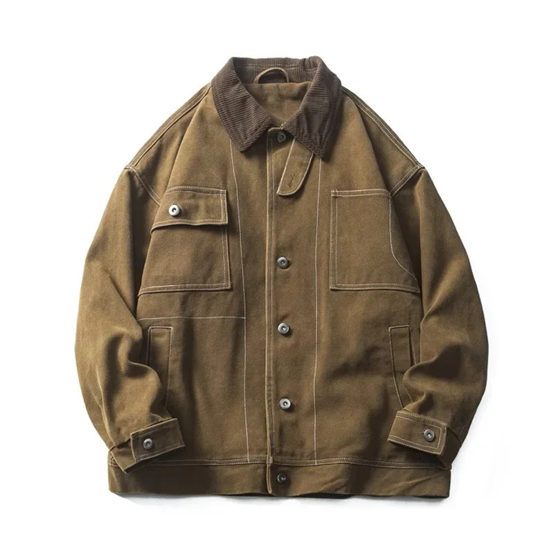 Autumn Bright Line Work Jacket Men Japanese Streetwear Amikaji Fashion Loose Casual Vintage Motorcycle Cargo Jacket Coat 241217