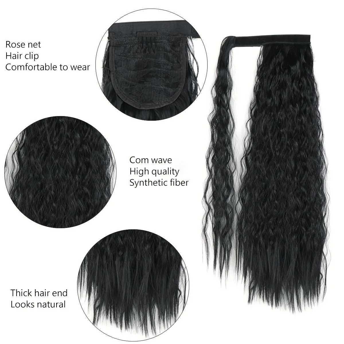 22 Inch Corn Wave Ponytail Extension Heat Resistant Synthetic Hair Extension Wrap Around Ponytail Black Hairpiece For WomenXJ241221