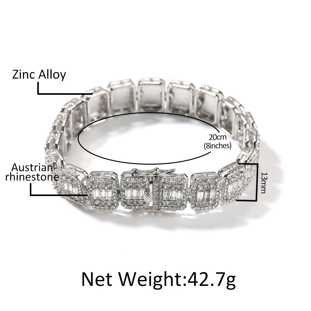 13mm New In 13MM Alloy Full Diamond Hip Hop Baguette Tennis Chain Bracelet For Men And Womens Fashion Trendy Wolf Tide Brand Handpiece Bijoux Pulsera 
