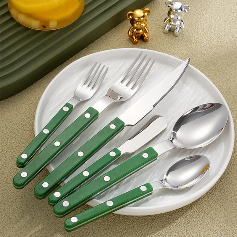 Fashion color handle 304 tableware set 18/10 stainless steel creative gift flat knife fork spoon descent boat 241220