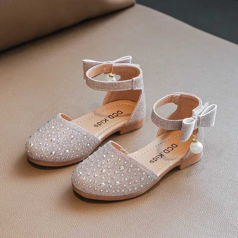 Sneakers Girl Princess Shoes Rhinestone Pearl Children Wedding Party Single Shoes Fashion Versatile Kids Sweet Korean Style Flat Sandals H241221
