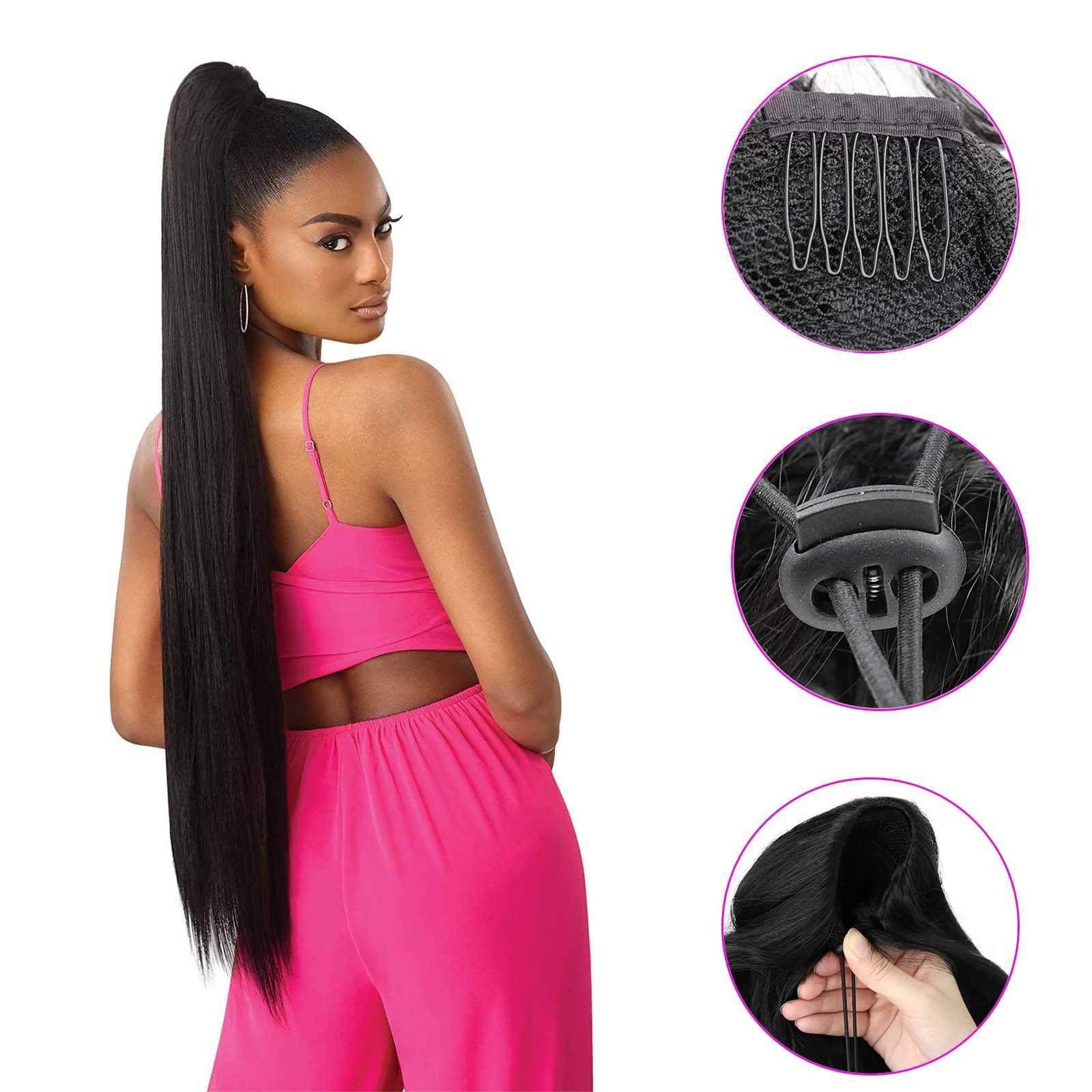 Teresahr Synthetic 36 inch Ponytail Extension Half Yaki Drawstring Ponytail Black Long Kinky Straight 50% Yaki Pony TailsXJ241221