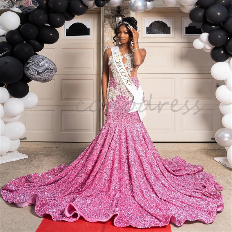 Sparkle Pink Prom Dresses For Black Women Luxury Sequins Mermaid Evening Dresses Sleeveless Beaded Birthday Formal Party Night Vestio De Fiesta Ceremo