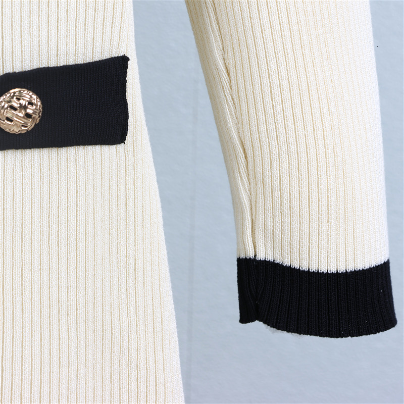 Knitting Women V-Neck Long-Sleeved Slim Elegant Casual Button Dress new France High-Quality Mid Length Skirt