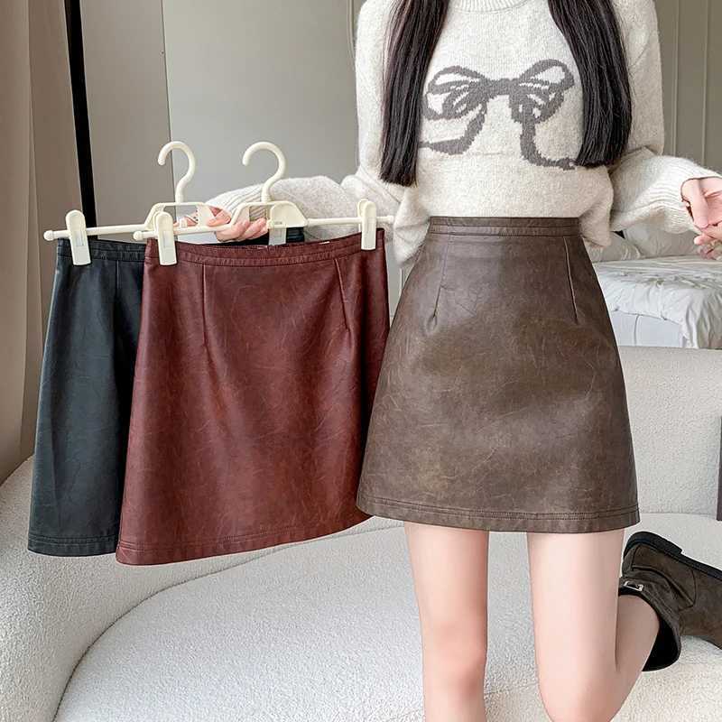 Ladies New Fashion PU Leather Mini Skirt Korean Style Autumn Winter High Waist A-line Leathers Skirts Women Casual Short SkirtsXJ241221