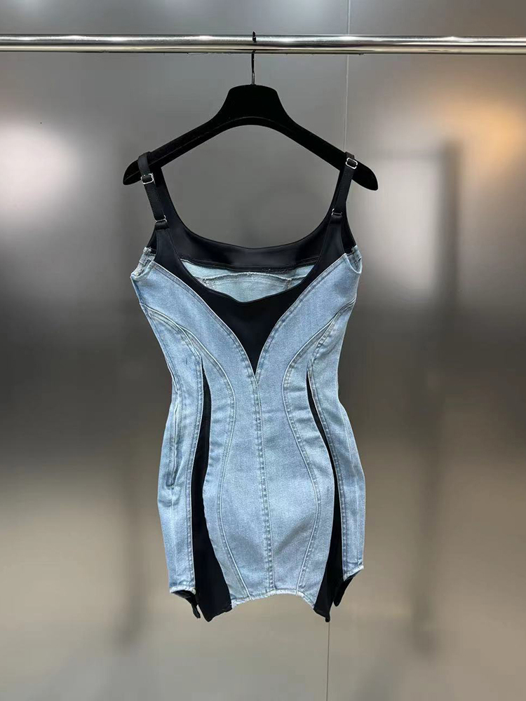 DEAT New Fashion Women's Patchwork Elastic Denim Sg Dress 2024 Spring Trendy Sleeveless Wrap Hip Dresses Female 11Xx8995
