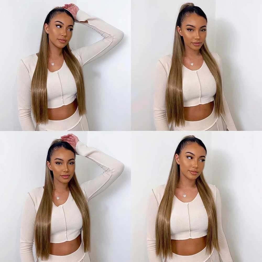 22inch 34inch Synthetic Long Straight Ponytail Hairpiece Wrap on Hair Clip Ombre Brown Blonde Hair Extensions Pony TailXJ241221