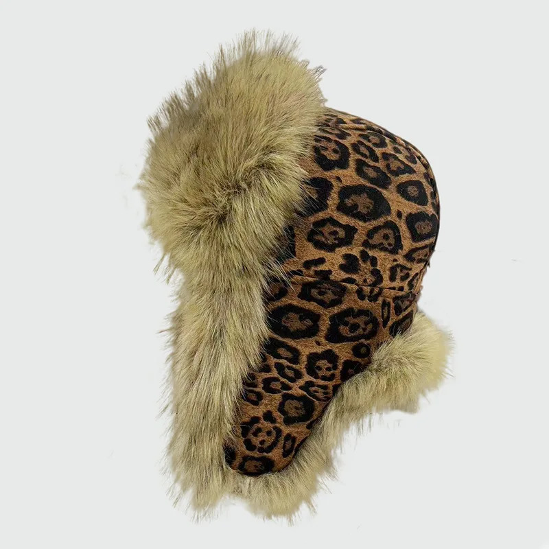 High quality Y2k leopard print faux fur Lei Feng hat for winter outdoor suede ear protection warm and unisex Russian hat 241220