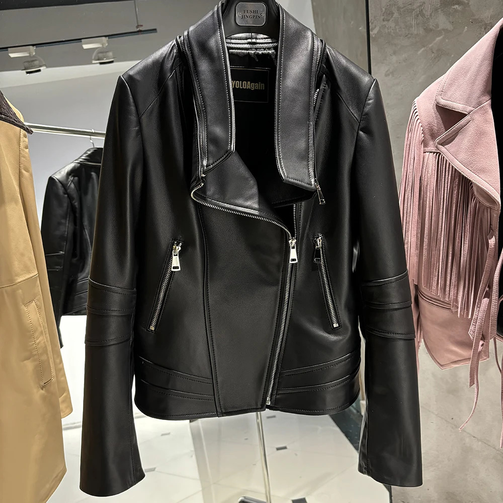 YOLOAgain Women Real Leather Jacket With Hood Genuine Sheepskin Coat 241216