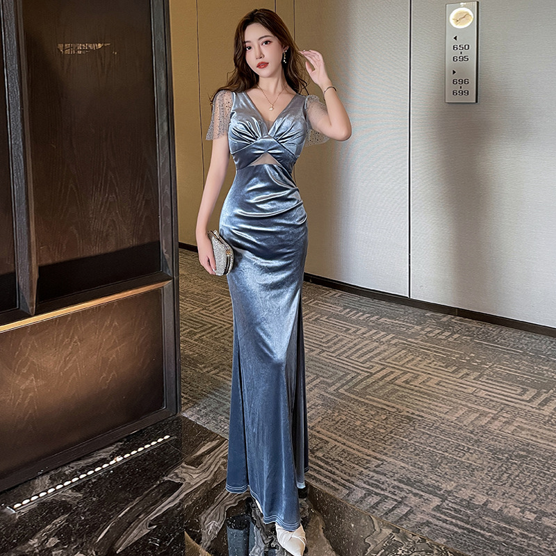 L9253 Autumn and winter velvet evening dress sexy slim fit long dress