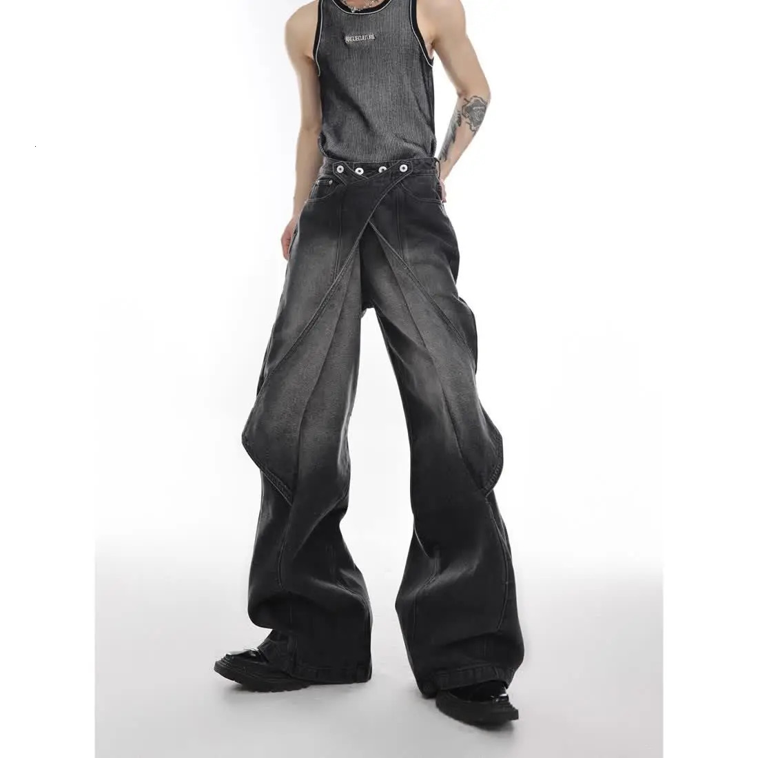 Hip Hop Goth Ripped Jeans for Men Retro Washed Baggy Patchwork Cut Flared Denim Pants Straight High Waist Streetwear 241218