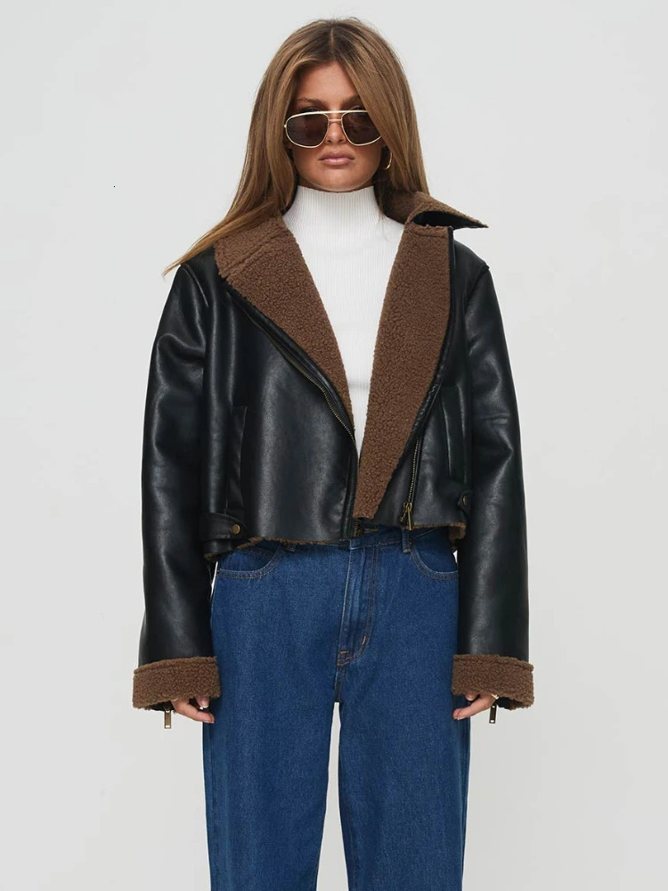 ZBZA Women PU Leather Locomotive Jacket Thicken Long Sleeves Lapel Oblique Zip Pocket Warm Outerwear Winter Female Fashion Coat 241216