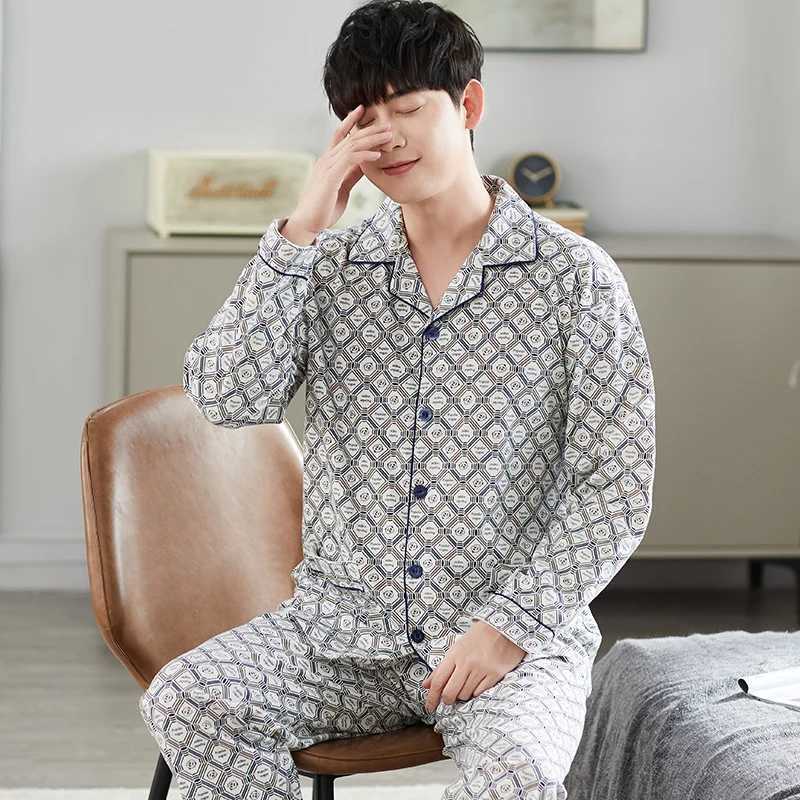 Men Pajama Set Cotton Spring Long Sleeve Print Men Pajama Suit Autumn Nightwear Collar Pajamas Men Sleepwear Two Piece 4XL W250717