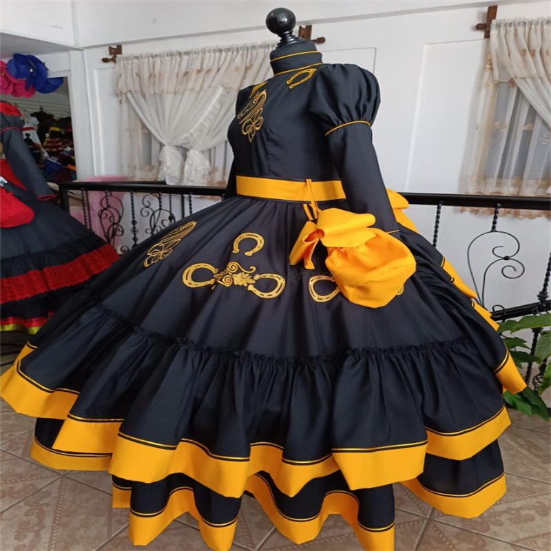 Mexican Black Quinceanera Dress Charro Embroidery Horse Long Sleeve Birthday Party Sweet 16 Vestidos De 15 Anos Xv Debutante Costume Gothic Halloween 