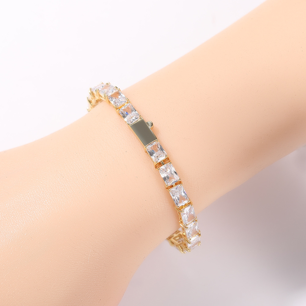 New In Hip Hop Bling Rectangular Cubic Zircon Bracelet Spring Buckle Trendy 16k Gold Square Cz Stones Tennis Bracelets Wolf Tide Full Gemstone Bijoux 